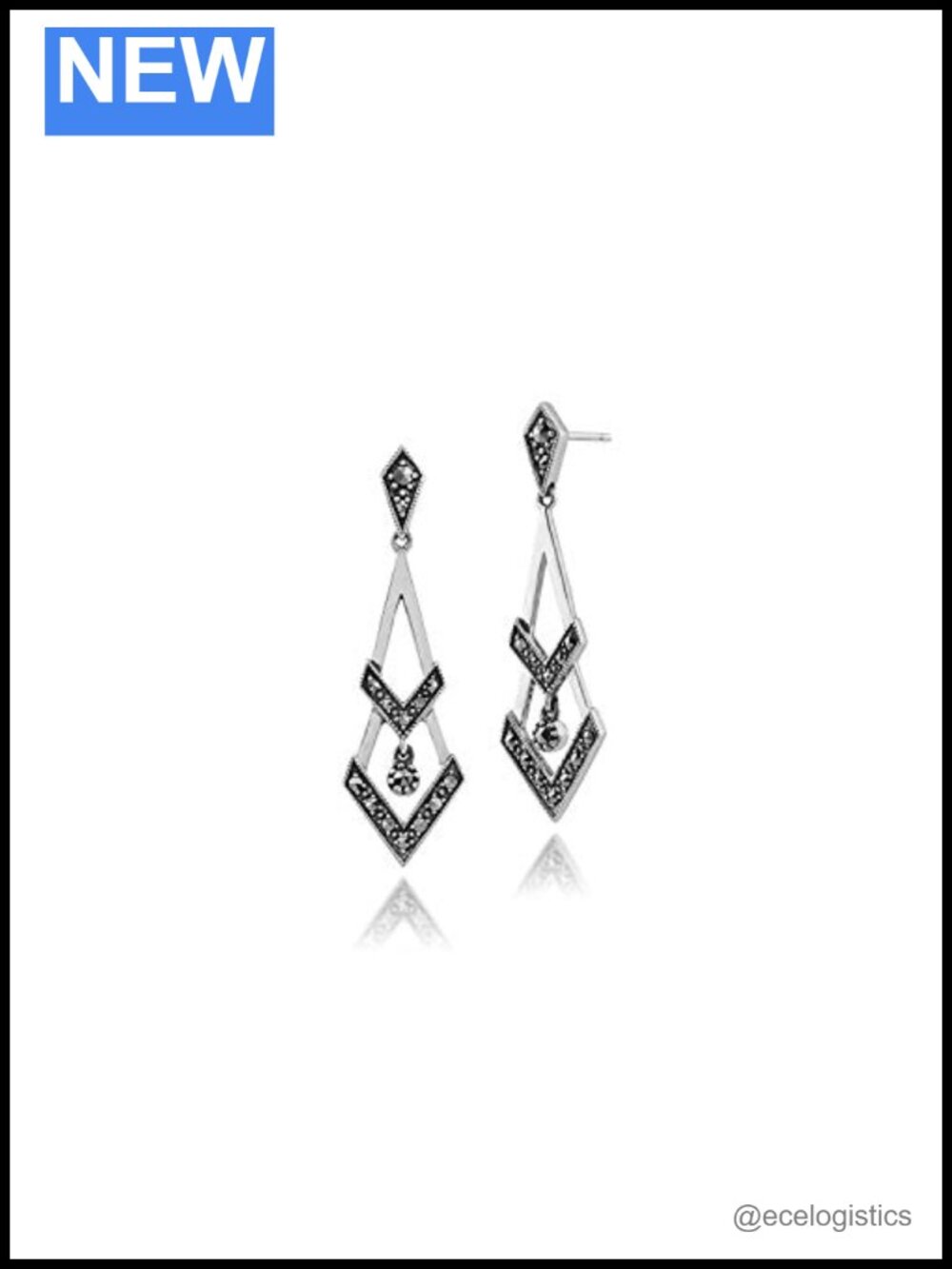 Sterling Silver Marcasite Art Deco Double Chevron Drop Earrings